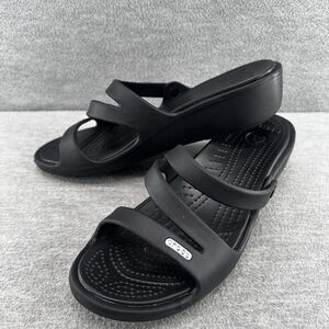 CROCS - Women's Patricia Black Strappy Wedge Heel Sandal Slide Size 10  B4